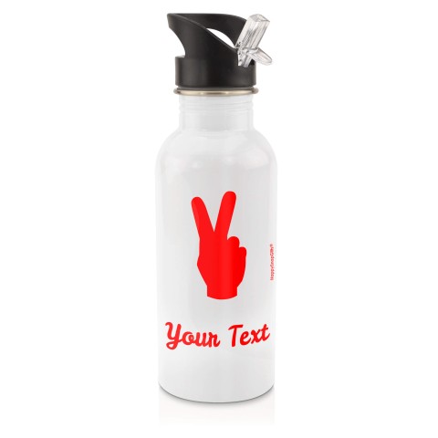 in White (600ml) with Drinking Straw (Two Finger Icon) Red (Personalised with Text)