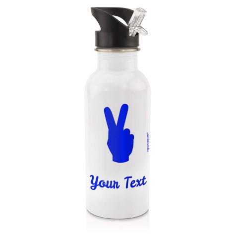 in White (600ml) with Drinking Straw (Two Finger Icon) Royal Blue (Personalised with Text)