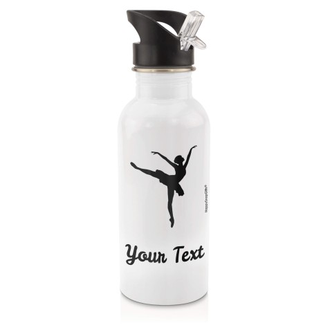 in White (600ml) with Drinking Straw (Ballet Icon) Black (Personalised with Text)