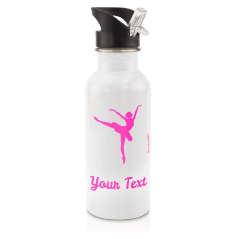 in White (600ml) with Drinking Straw (Ballet Icon) Hot Pink (Fuchsia) (Personalised with Text)