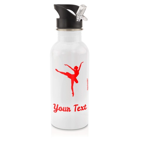 in White (600ml) with Drinking Straw (Ballet Icon) Red (Personalised with Text)