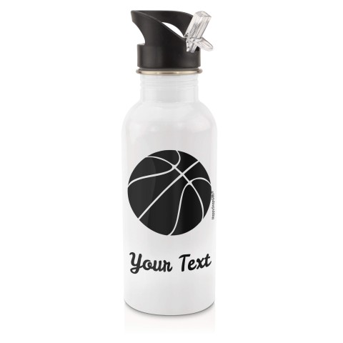 in White (600ml) with Drinking Straw (Basketball Icon) Black (Personalised with Text)
