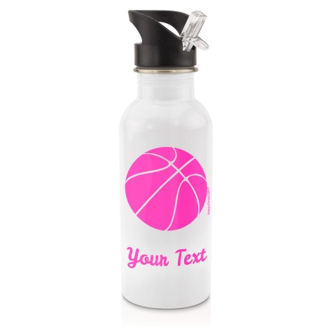 in White (600ml) with Drinking Straw (Basketball Icon) Hot Pink (Fuchsia) (Personalised with Text)