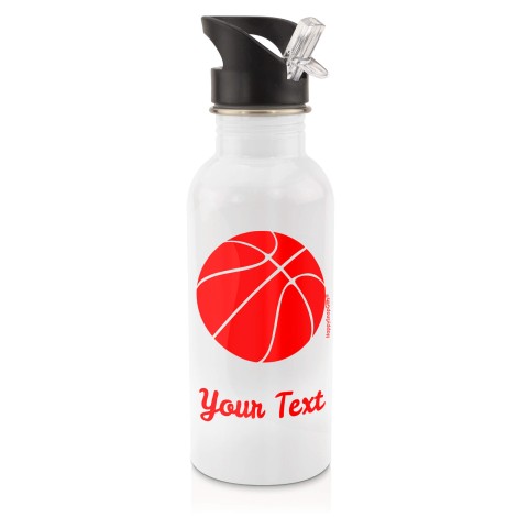in White (600ml) with Drinking Straw (Basketball Icon) Red (Personalised with Text)