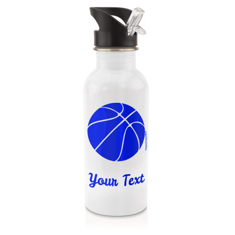 in White (600ml) with Drinking Straw (Basketball Icon) Royal Blue (Personalised with Text)