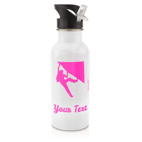 in White (600ml) with Drinking Straw (Climbing Icon) Hot Pink (Fuchsia) (Personalised with Text)