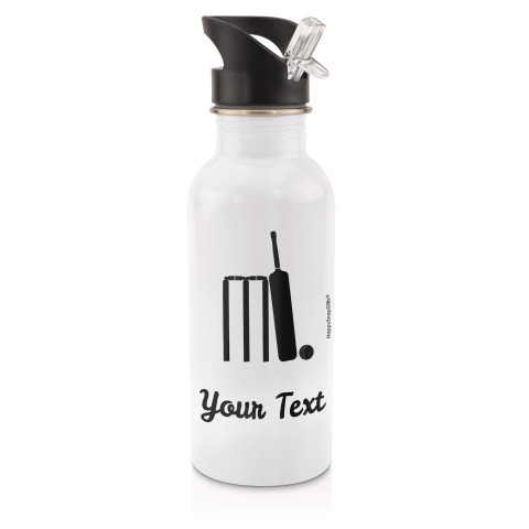 in White (600ml) with Drinking Straw (Cricket Icon) Black (Personalised with Text)
