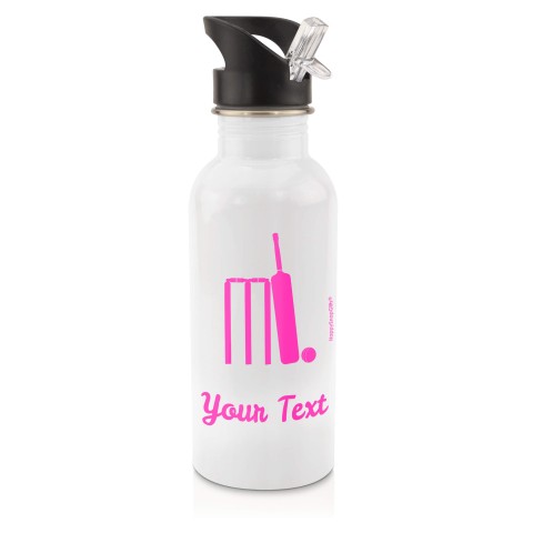 in White (600ml) with Drinking Straw (Cricket Icon) Hot Pink (Fuchsia) (Personalised with Text)