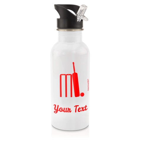 in White (600ml) with Drinking Straw (Cricket Icon) Red (Personalised with Text)