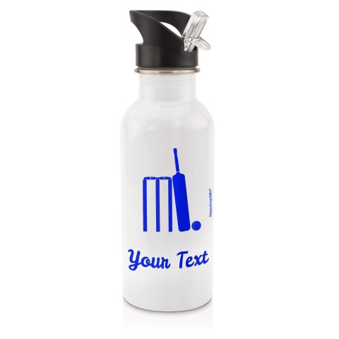 in White (600ml) with Drinking Straw (Cricket Icon) Royal Blue (Personalised with Text)