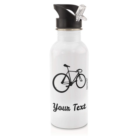 in White (600ml) with Drinking Straw (Cycling Icon) Black (Personalised with Text)