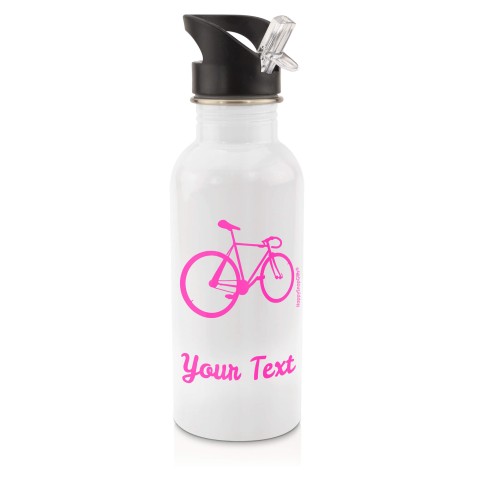 in White (600ml) with Drinking Straw (Cycling Icon) Hot Pink (Fuchsia) (Personalised with Text)