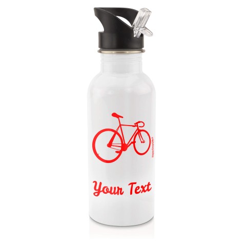 in White (600ml) with Drinking Straw (Cycling Icon) Red (Personalised with Text)