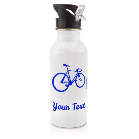 in White (600ml) with Drinking Straw (Cycling Icon) Royal Blue (Personalised with Text)