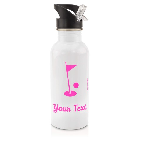 in White (600ml) with Drinking Straw (Golf Icon) Hot Pink (Fuchsia) (Personalised with Text)