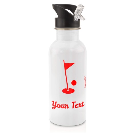 in White (600ml) with Drinking Straw (Golf Icon) Red (Personalised with Text)