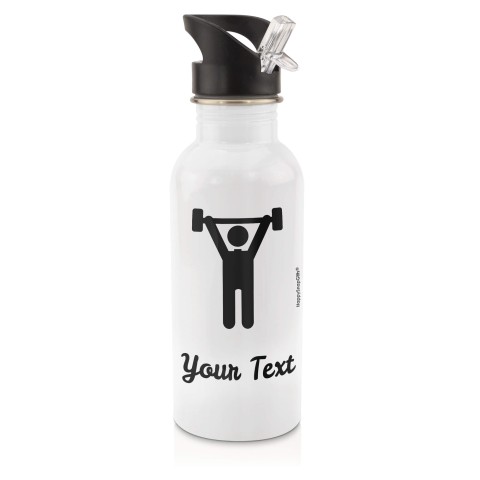 in White (600ml) with Drinking Straw with Gym Icon Black (Personalised with Text)