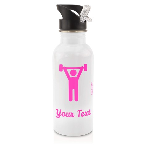 in White (600ml) with Drinking Straw with Gym Icon Hot Pink (Fuchsia) (Personalised with Text)