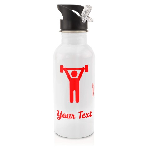 in White (600ml) with Drinking Straw with Gym Icon Red (Personalised with Text)