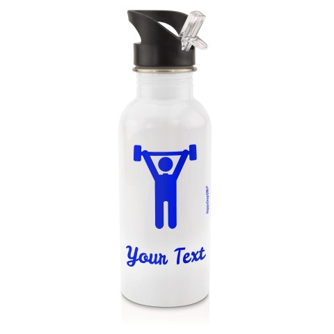 in White (600ml) with Drinking Straw with Gym Icon Royal Blue (Personalised with Text)
