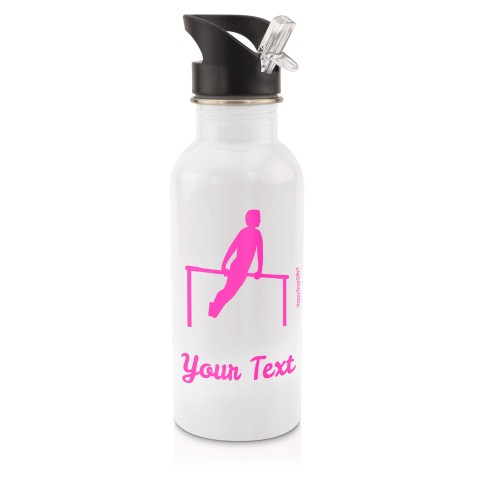 in White (600ml) with Drinking Straw (Gymnastics Icon) Hot Pink (Fuchsia) (Personalised with Text)