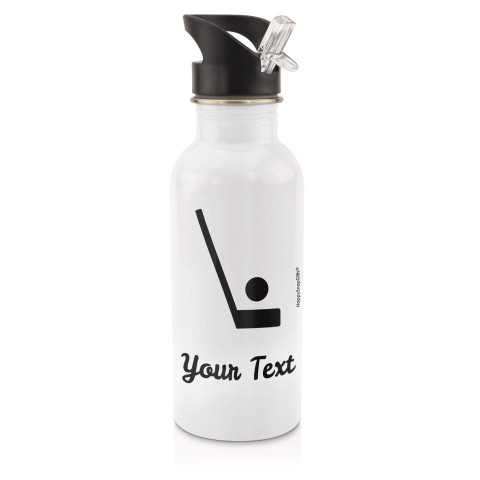in White (600ml) with Drinking Straw (Hockey Icon) Black (Personalised with Text)