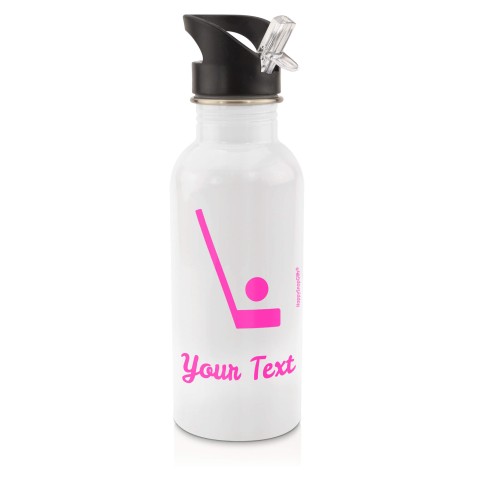in White (600ml) with Drinking Straw (Hockey Icon) Hot Pink (Fuchsia) (Personalised with Text)