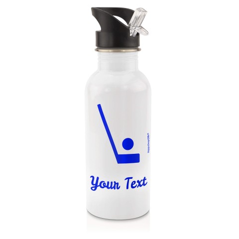 in White (600ml) with Drinking Straw (Hockey Icon) Royal Blue (Personalised with Text)