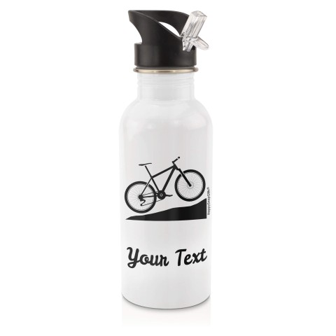 in White (600ml) with Drinking Straw (Mountain Biking Icon) Black (Personalised with Text)