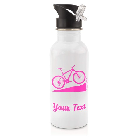 in White (600ml) with Drinking Straw (Mountain Biking Icon) Hot Pink (Fuchsia) (Personalised with Text)