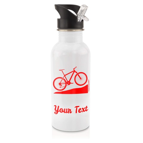 in White (600ml) with Drinking Straw (Mountain Biking Icon) Red (Personalised with Text)