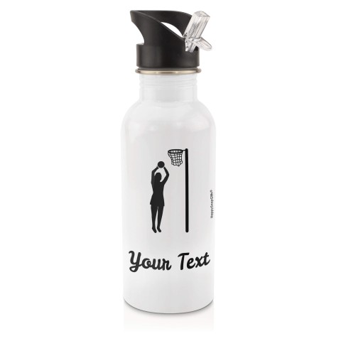 in White (600ml) with Drinking Straw (Netball Icon) Black (Personalised with Text)