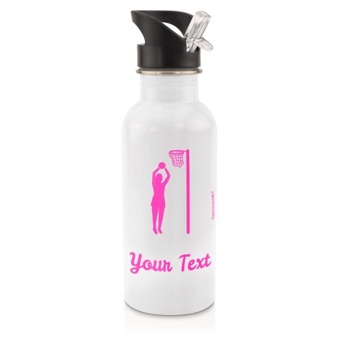 in White (600ml) with Drinking Straw (Netball Icon) Hot Pink (Fuchsia) (Personalised with Text)