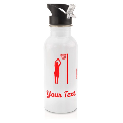 in White (600ml) with Drinking Straw (Netball Icon) Red (Personalised with Text)