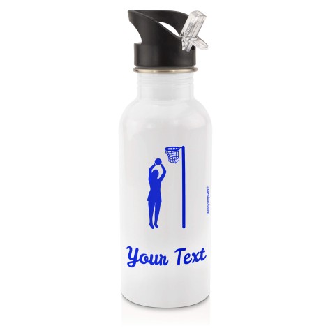 in White (600ml) with Drinking Straw (Netball Icon) Royal Blue (Personalised with Text)