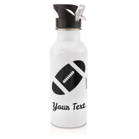 in White (600ml) with Drinking Straw (Rugby Icon) Black (Personalised with Text)