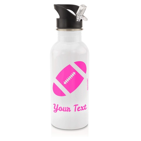 in White (600ml) with Drinking Straw (Rugby Icon) Hot Pink (Fuchsia) (Personalised with Text)