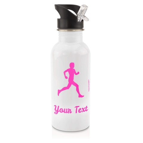 in White (600ml) with Drinking Straw (Running Icon) Hot Pink (Fuchsia) (Personalised with Text)