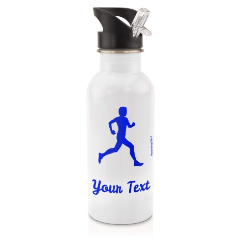 in White (600ml) with Drinking Straw (Running Icon) Royal Blue (Personalised with Text)