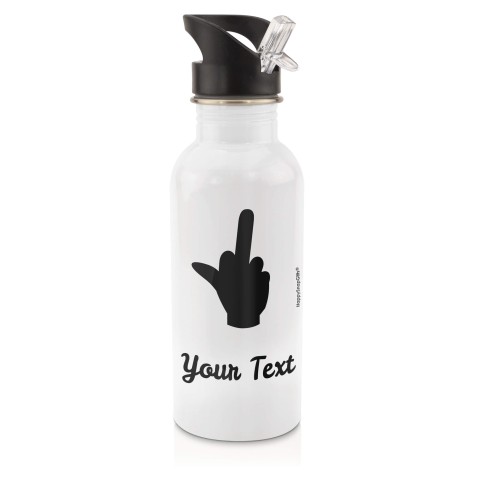 in White (600ml) with Drinking Straw (Single Finger Icon) Black (Personalised with Text)