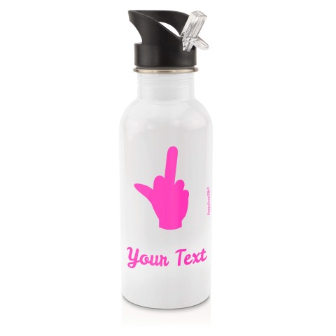 in White (600ml) with Drinking Straw (Single Finger Icon) Hot Pink (Fuchsia) (Personalised with Text)