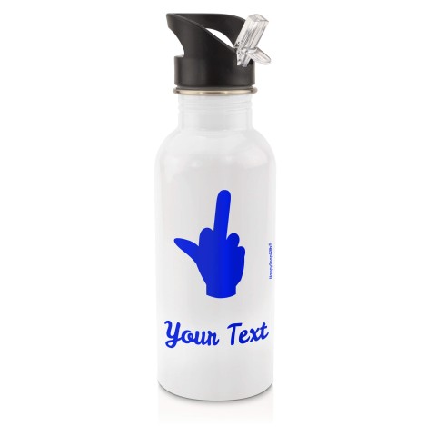 in White (600ml) with Drinking Straw (Single Finger Icon) Royal Blue (Personalised with Text)