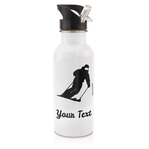 in White (600ml) with Drinking Straw (Skiing Icon) Black (Personalised with Text)