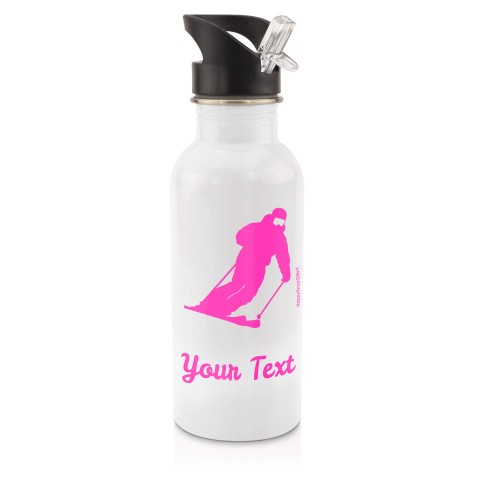 in White (600ml) with Drinking Straw (Skiing Icon) Hot Pink (Fuchsia) (Personalised with Text)