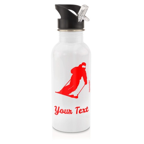 in White (600ml) with Drinking Straw (Skiing Icon) Red (Personalised with Text)