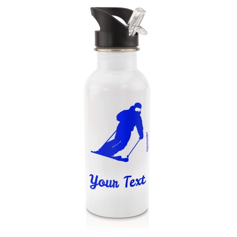in White (600ml) with Drinking Straw (Skiing Icon) Royal Blue (Personalised with Text)