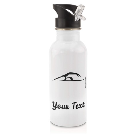 in White (600ml) with Drinking Straw (Swimming Icon) Black (Personalised with Text)