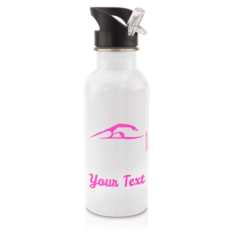 in White (600ml) with Drinking Straw (Swimming Icon) Hot Pink (Fuchsia) (Personalised with Text)