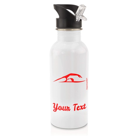 in White (600ml) with Drinking Straw (Swimming Icon) Red (Personalised with Text)