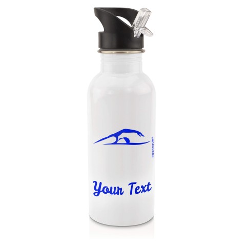 in White (600ml) with Drinking Straw (Swimming Icon) Royal Blue (Personalised with Text)